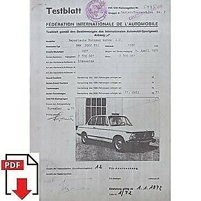 1972 BMW 2002 TII FIA homologation form PDF download